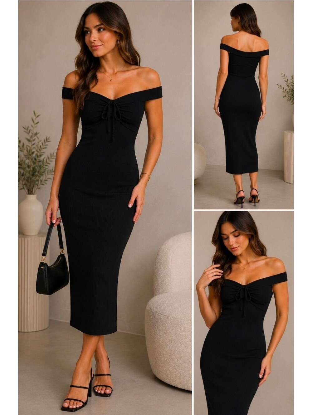 Express Body Contour Off Shoulder Ribbed Midi Dress Black Women's Small S